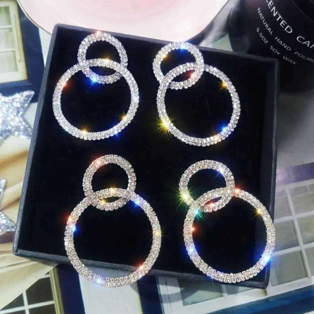 Silver or Gold Crystal Diamond Double Hoop Earrings Statement Stud Earrings
